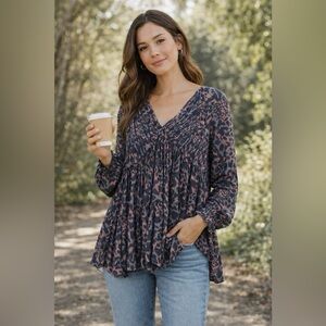 Free People Blk Bella Floral Print Tunic Longsleeve Womens Size Small